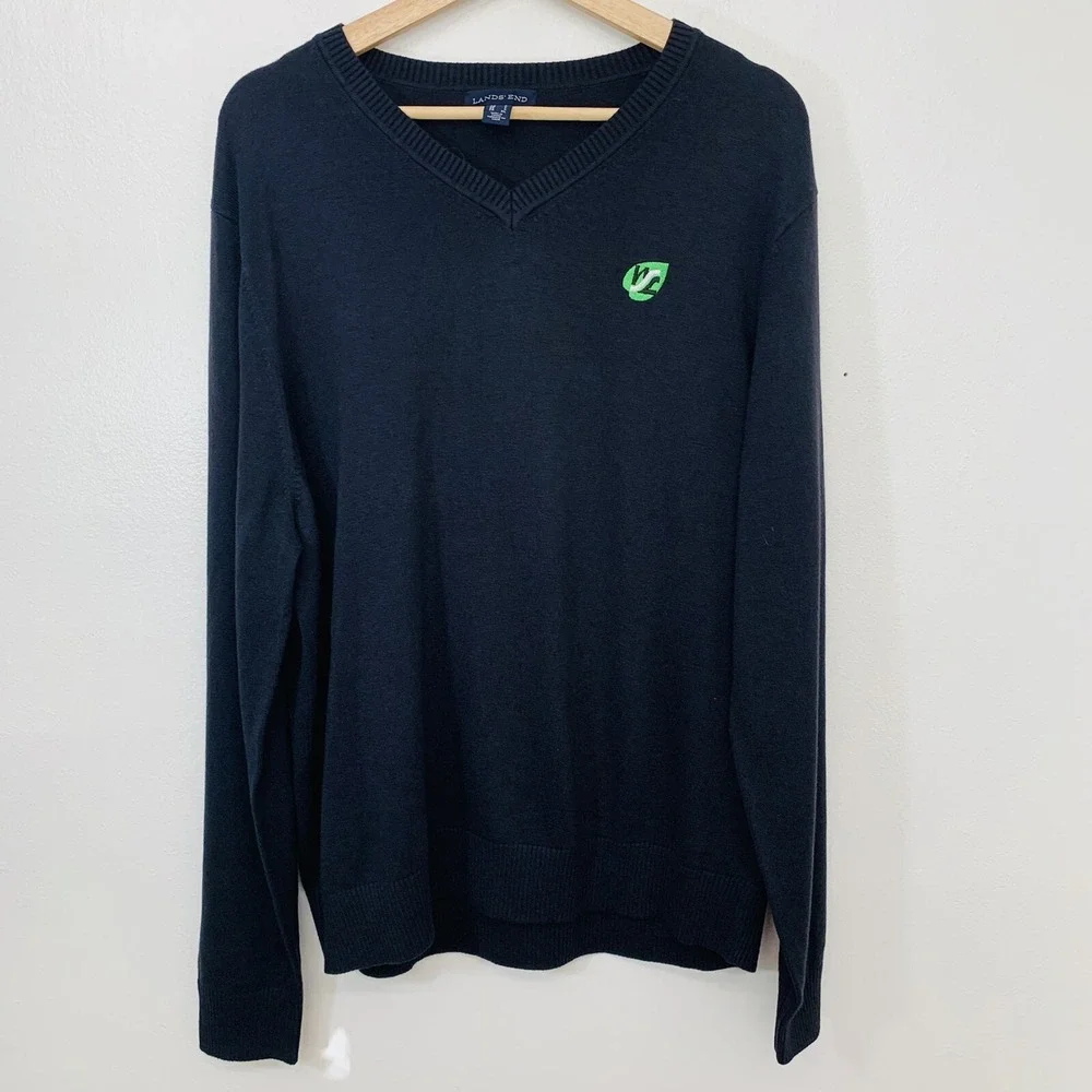 Lands End Black V Neck Sweater Men Large Long Sleeve Cotton Nylon Classic Preppy